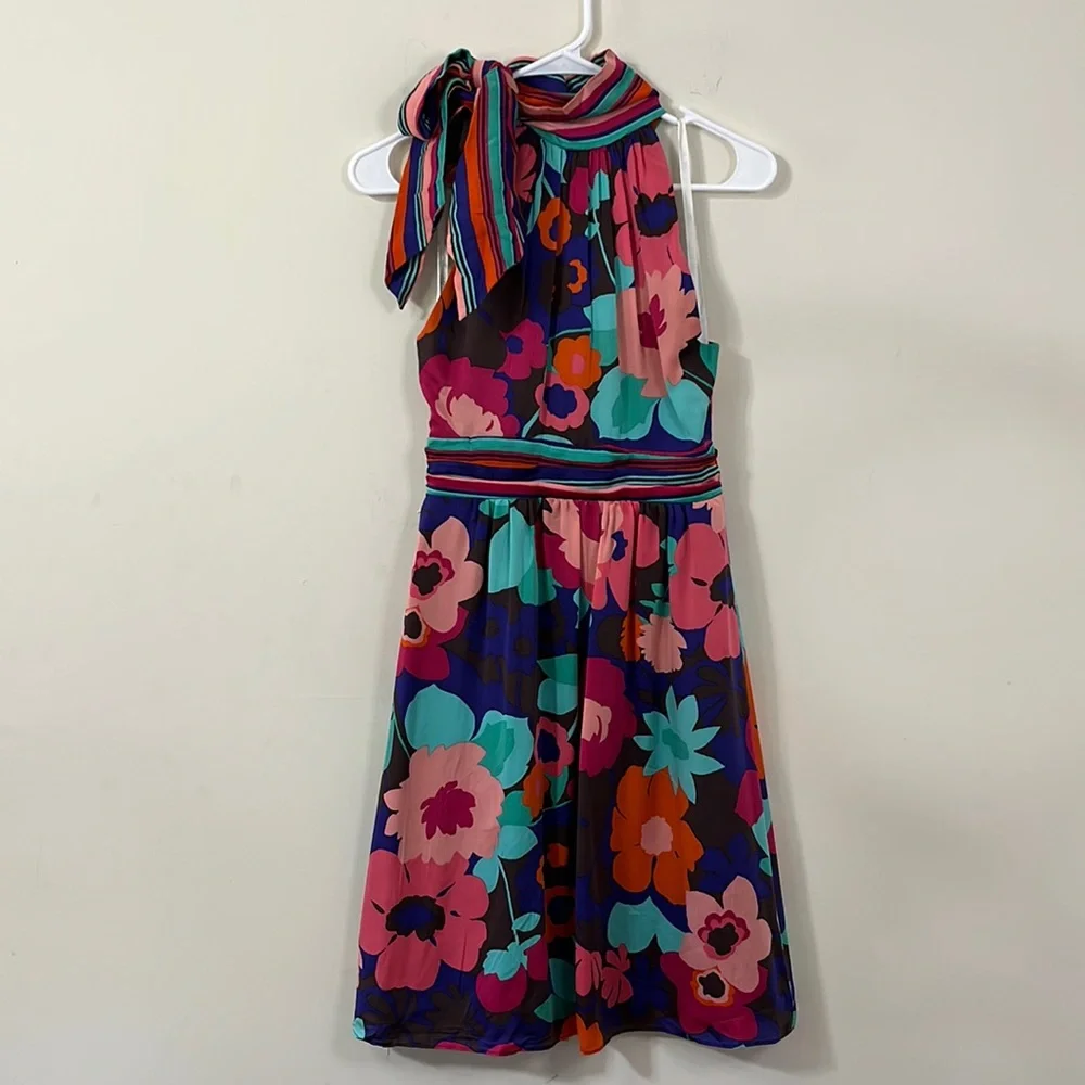 Shoshanna Floral Print Halter Top Neck Tie Dress - Picture 1 of 9